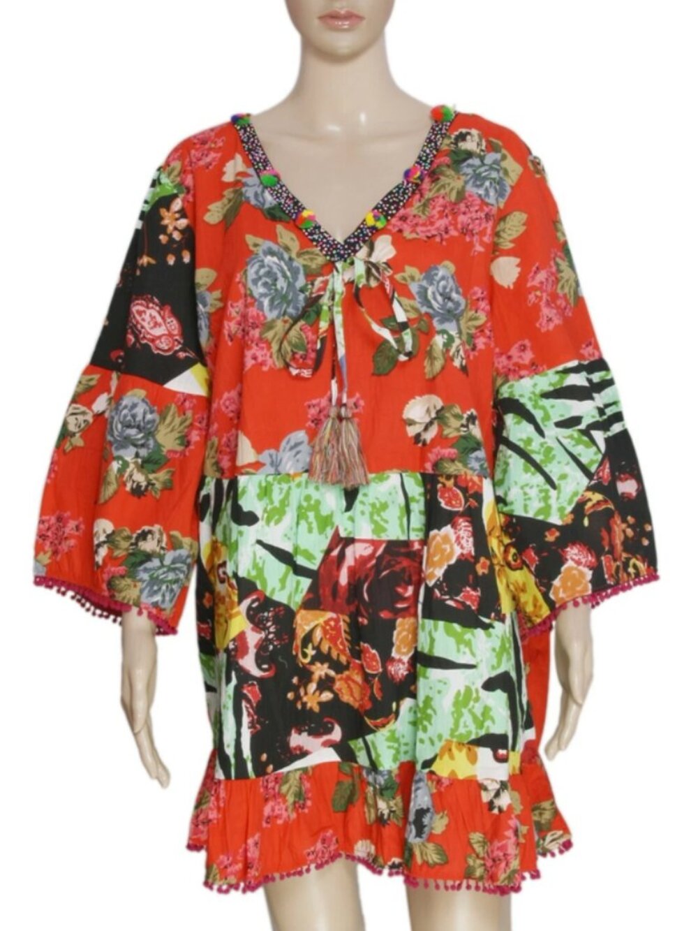 Joe Brown Sequin Printed Bell Sleeve Lace Pom Pom Tunic Dress Plus Size 1X